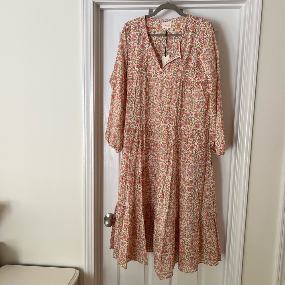 Maelu Flora Long Willow Dress Maxi Size Small Hand Block Print Cotton